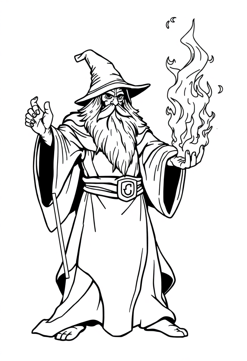 Fire Wizard Conjuring Flames coloring page for kids