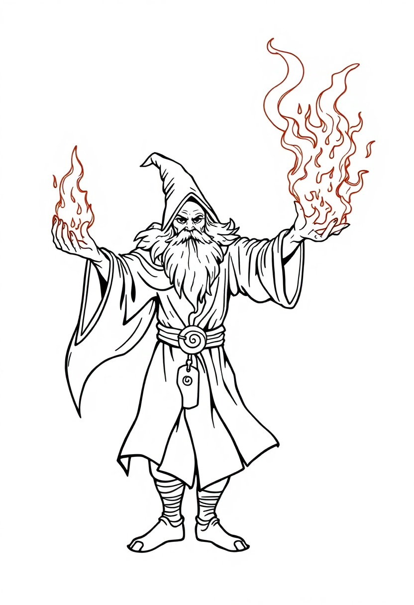 Fire Wizard Conjuring Flames coloring page for kids