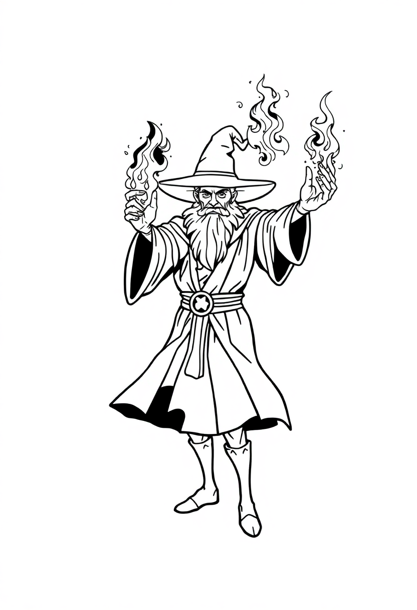 Fire Wizard Conjuring Flames coloring page for kids