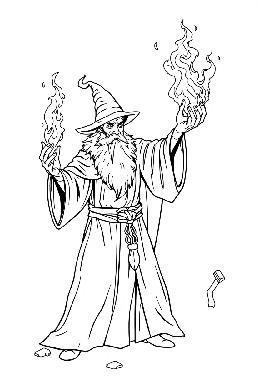 Fire Wizard Conjuring Flames coloring page for kids
