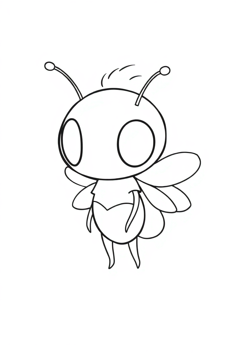 Cute chibi firefly coloring page with glowing tail, wings, and sparkles - free printable with bold outlines for kids