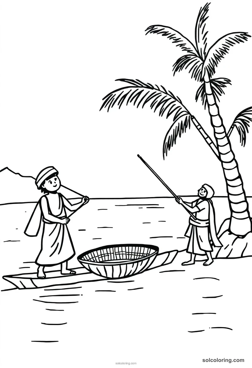 Cute Cartoon Fishermen Casting Nets in the Nile cute cartoon coloring page for kids