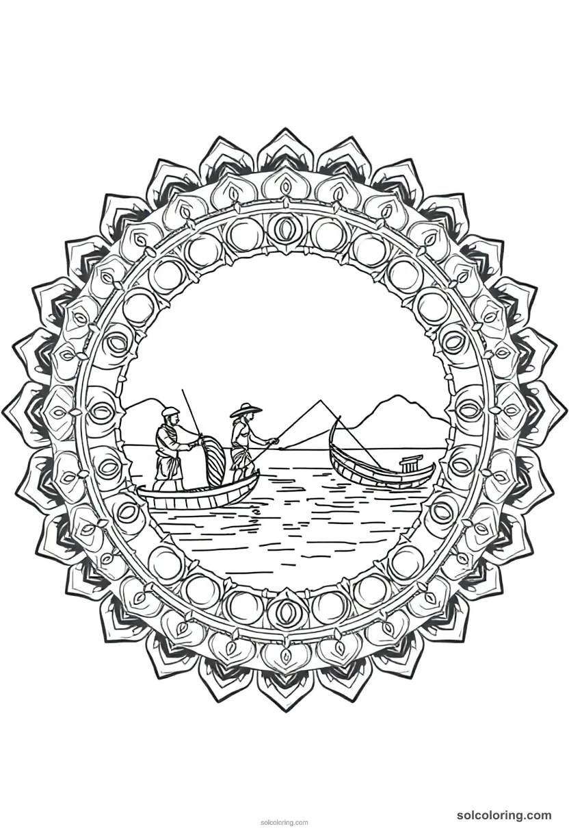 Mandala Fishermen Casting Nets in the Nile mandala coloring page for kids