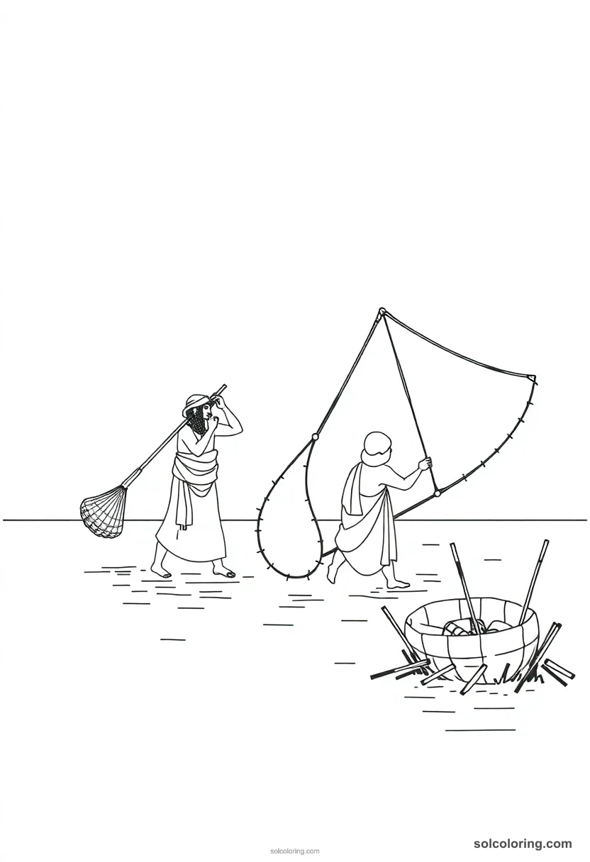Simple Fishermen Casting Nets in the Nile simple coloring page for kids