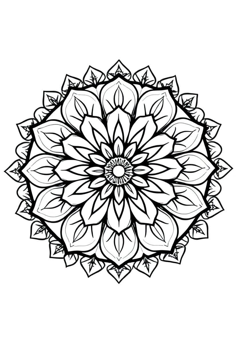 Flower Mandala with Petals and Leaves coloring page for kids