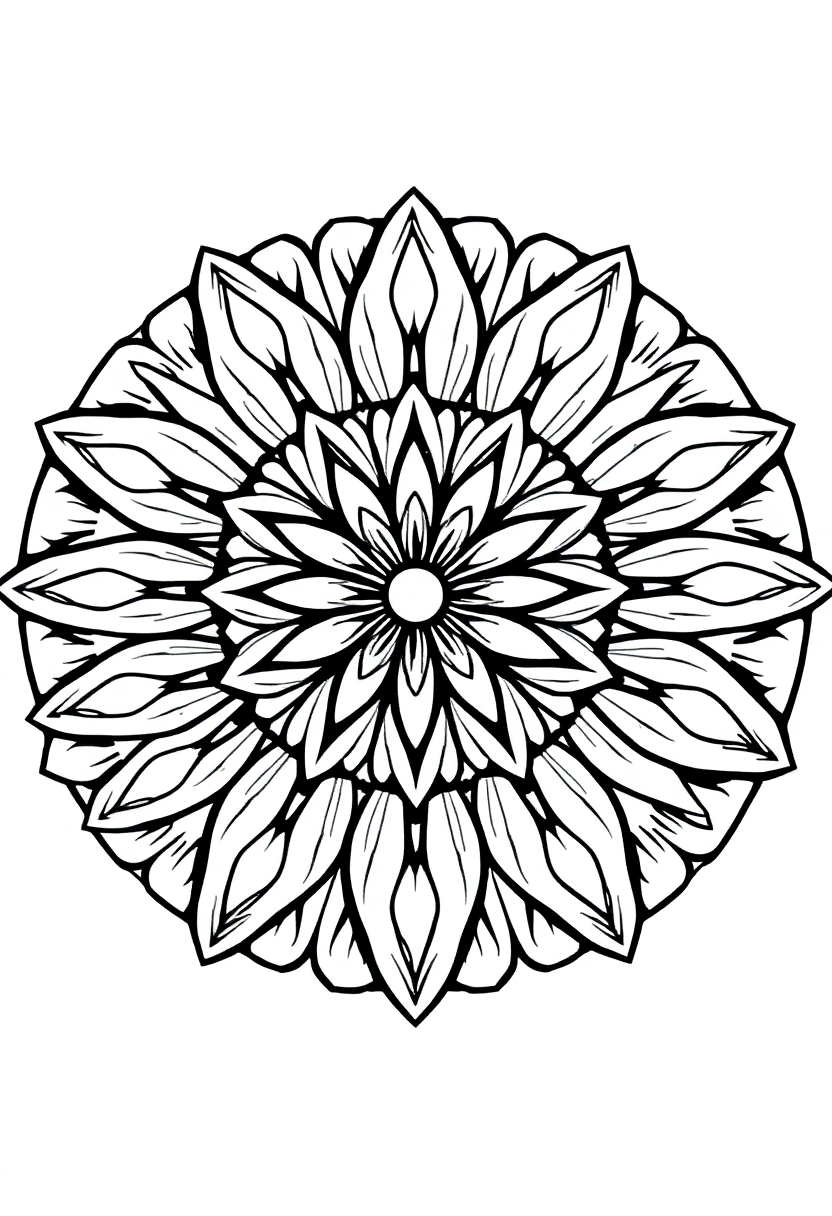 Flower Mandala with Petals and Leaves coloring page for kids