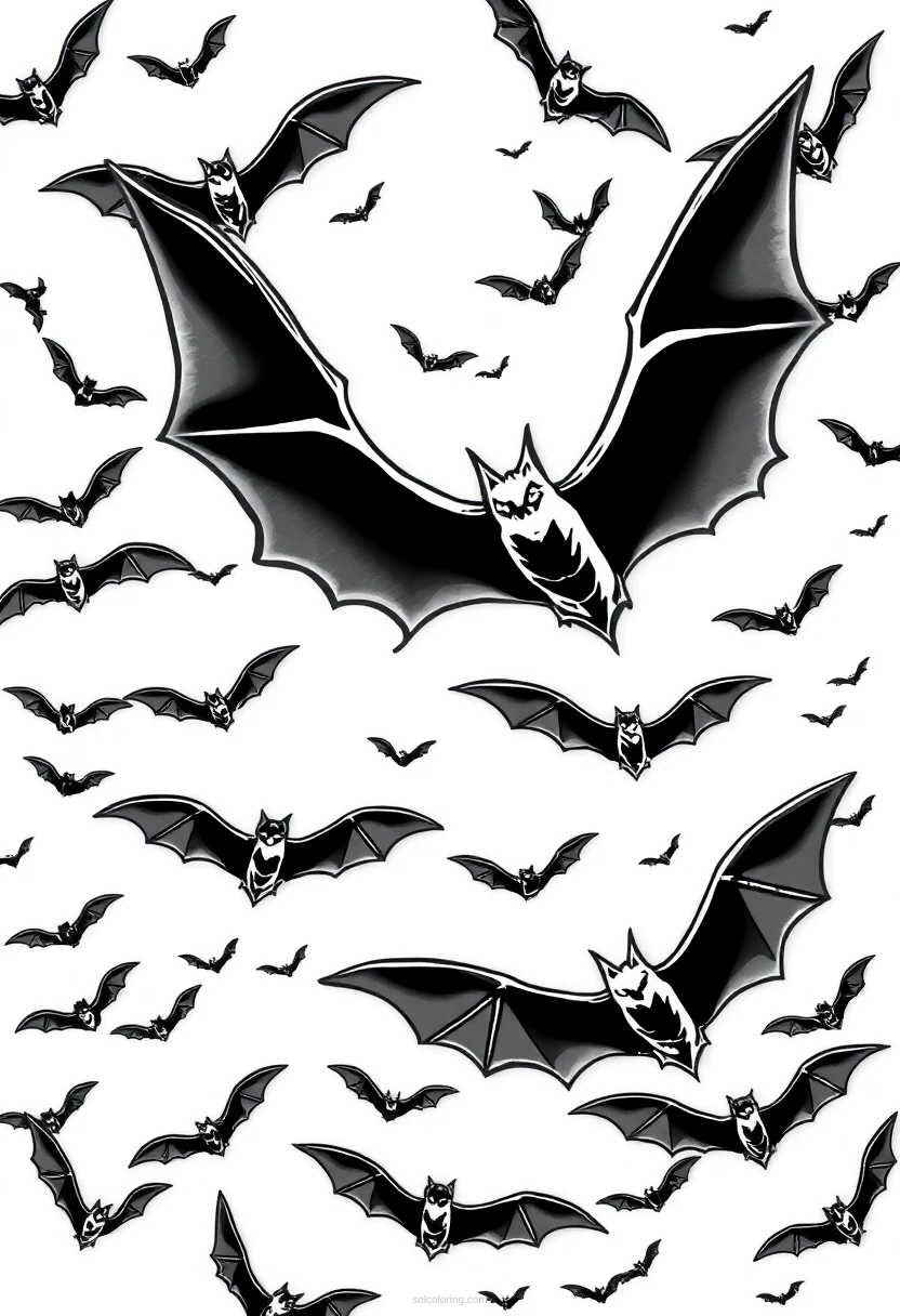 Flying Bats Swarm coloring page for kids