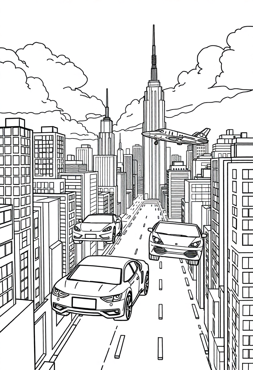 Flying Cars in Sky City coloring page, free printable