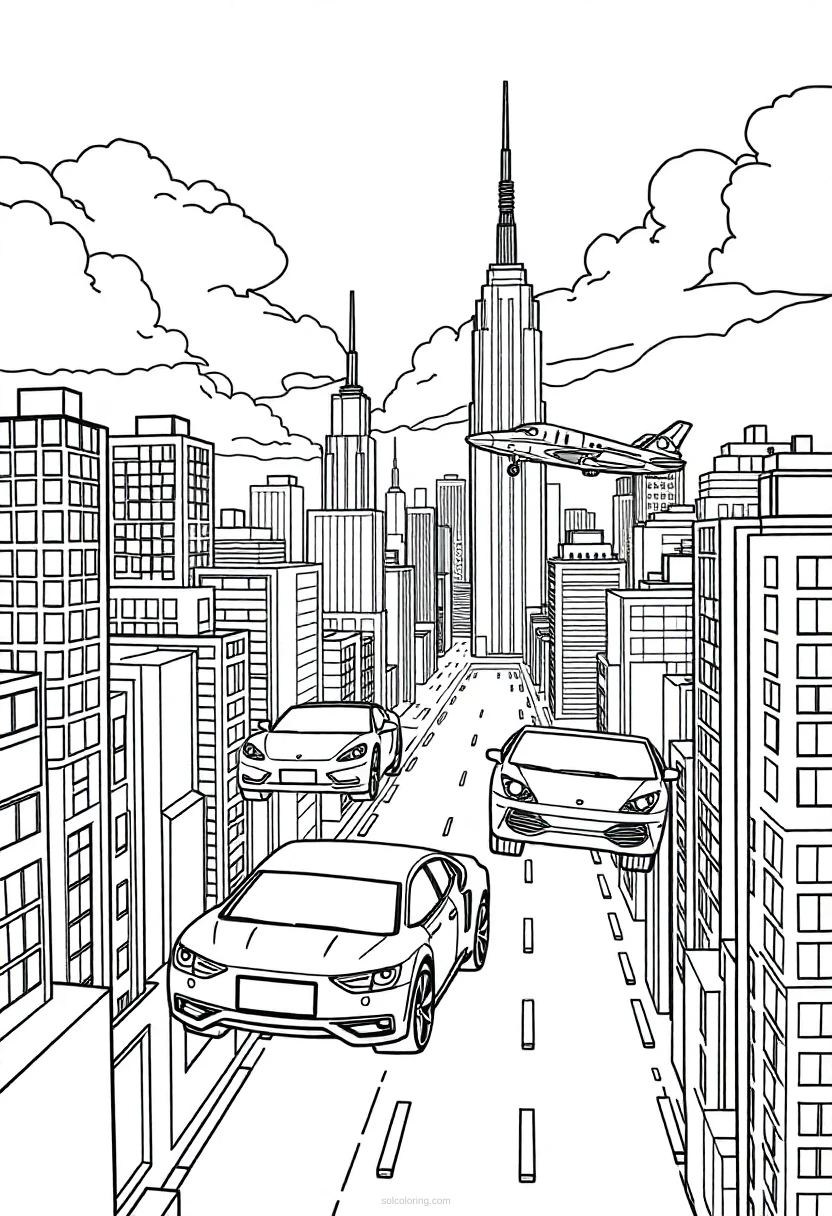 Flying Cars in Sky City coloring page for kids