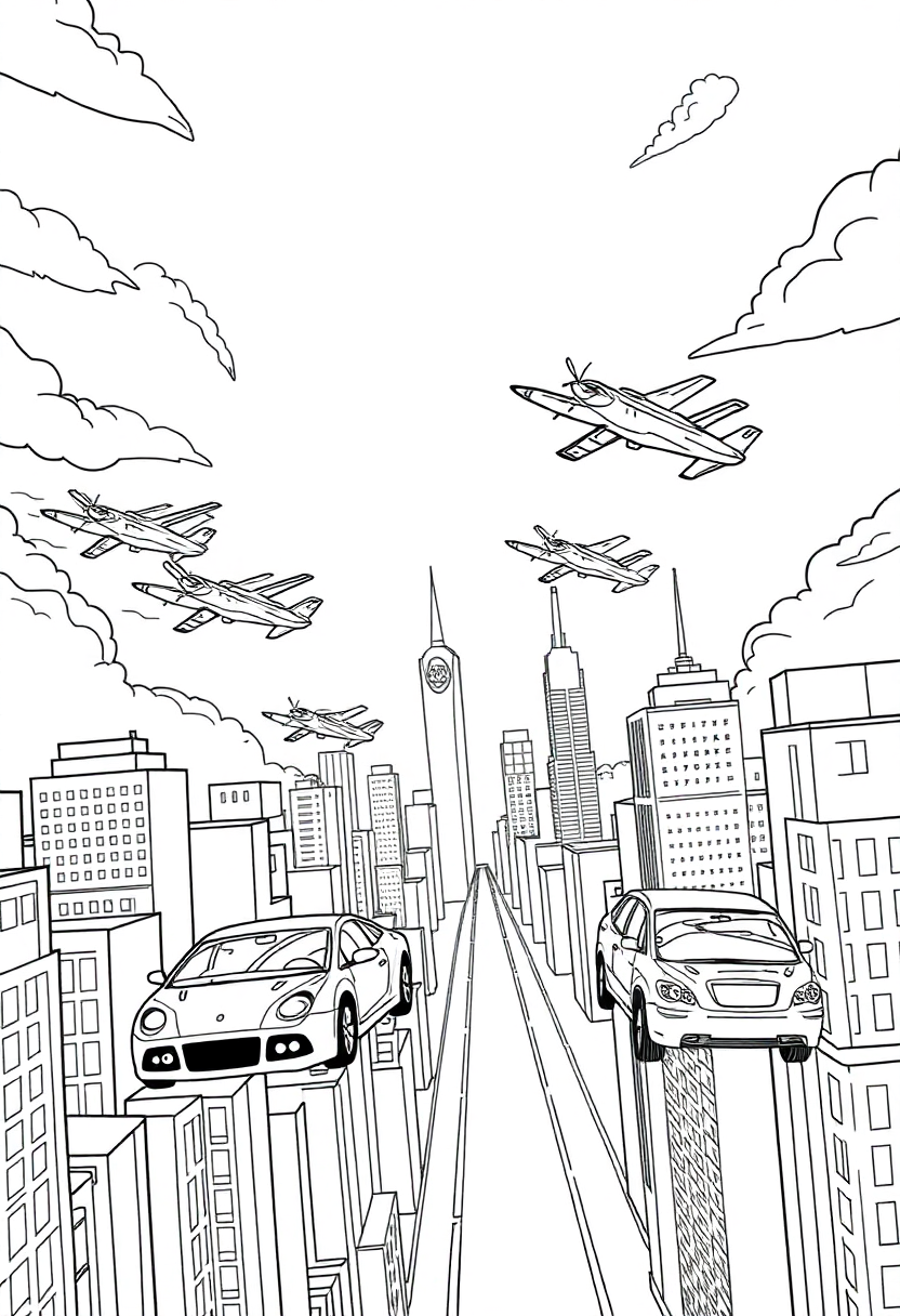Flying Cars in Sky City coloring page, free printable
