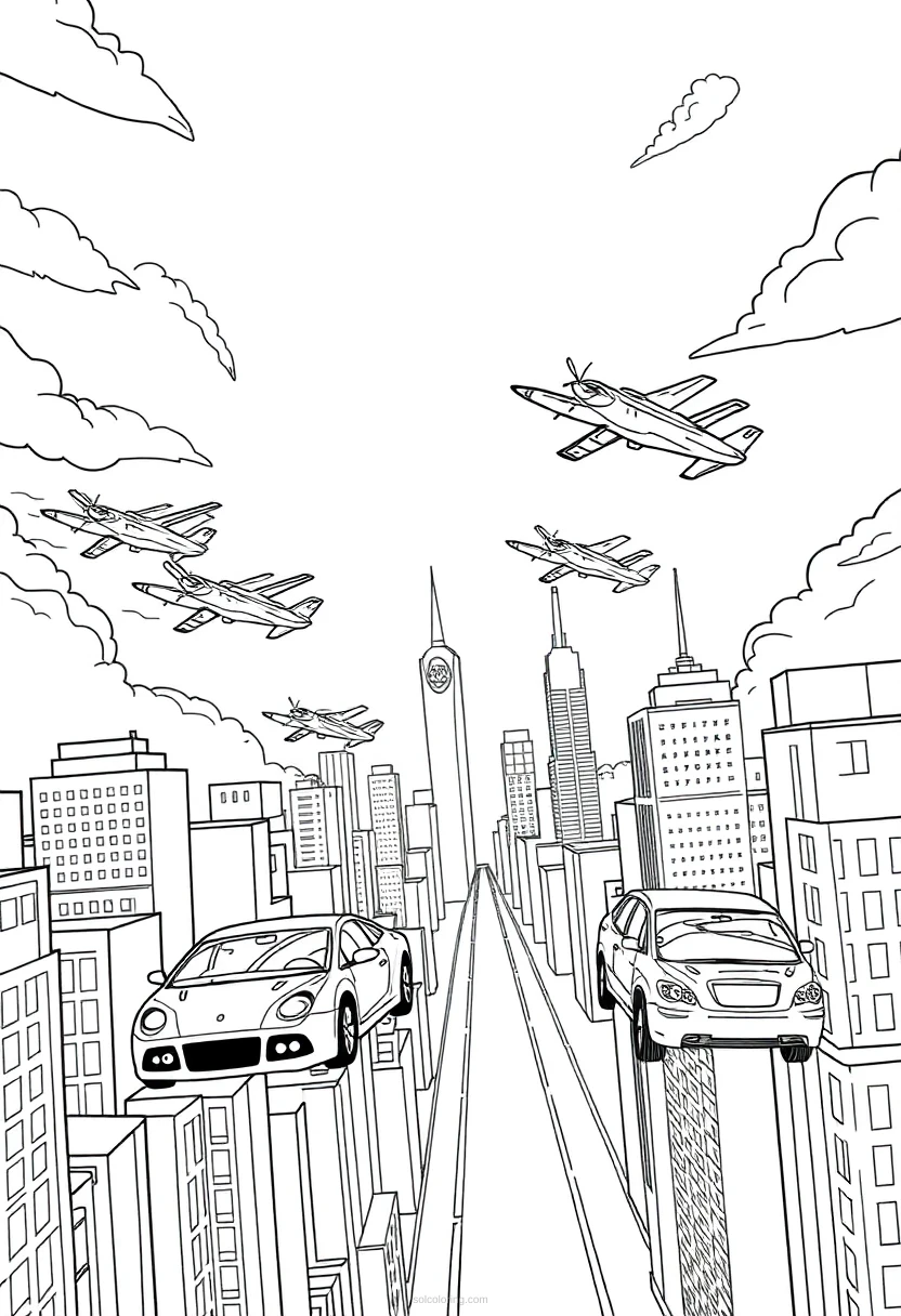 Flying Cars in Sky City coloring page for kids