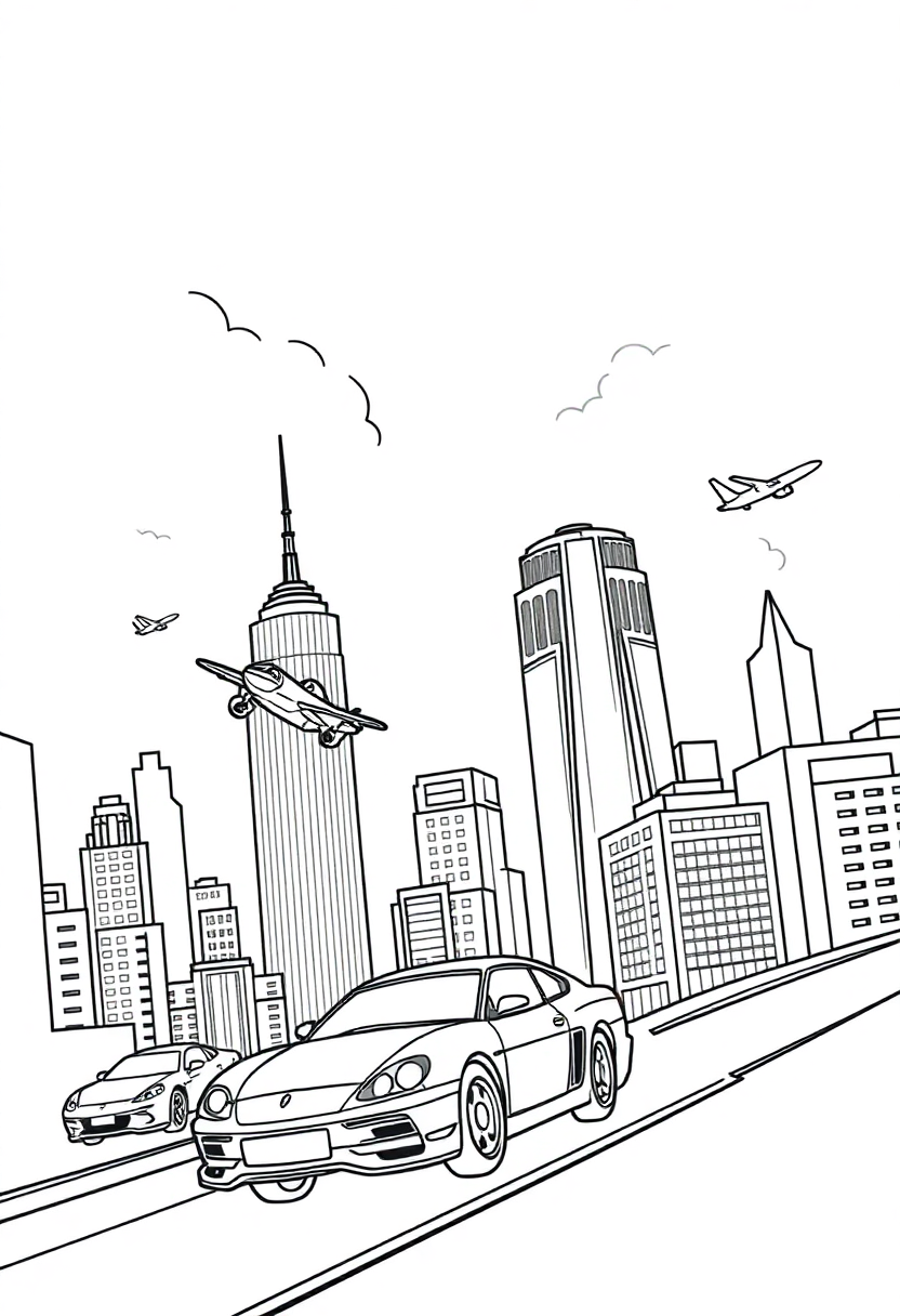 Flying Cars in Sky City coloring page, free printable