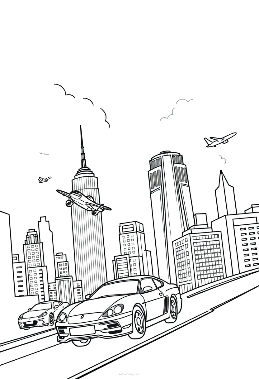 Flying Cars in Sky City coloring page for kids