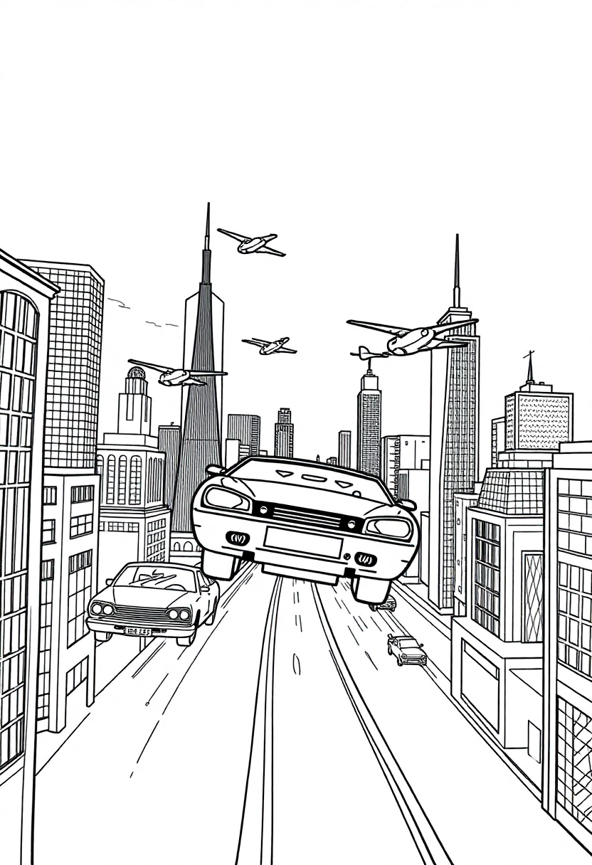 Flying Cars in Sky City coloring page, free printable
