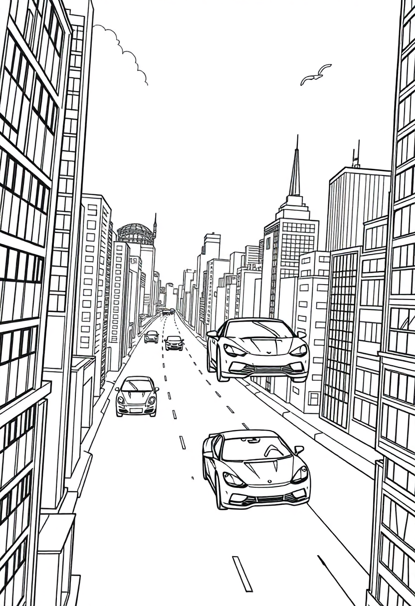 Flying Cars in Sky City coloring page, free printable