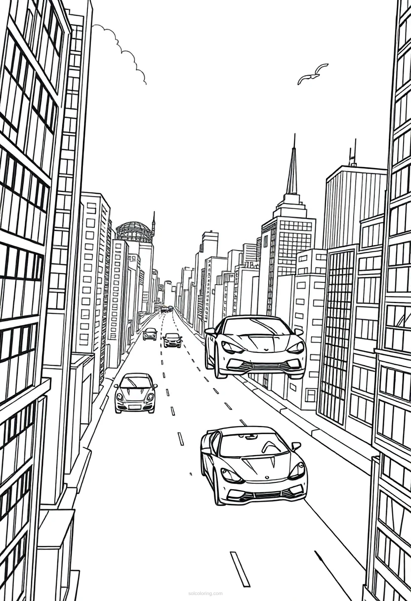 Flying Cars in Sky City coloring page for kids