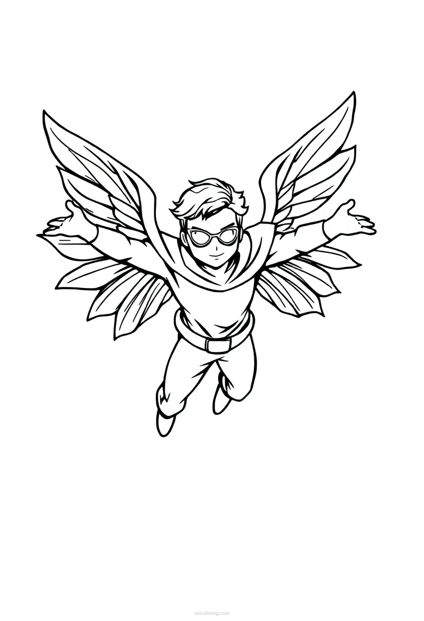Flying Hero with Wings coloring page for kids