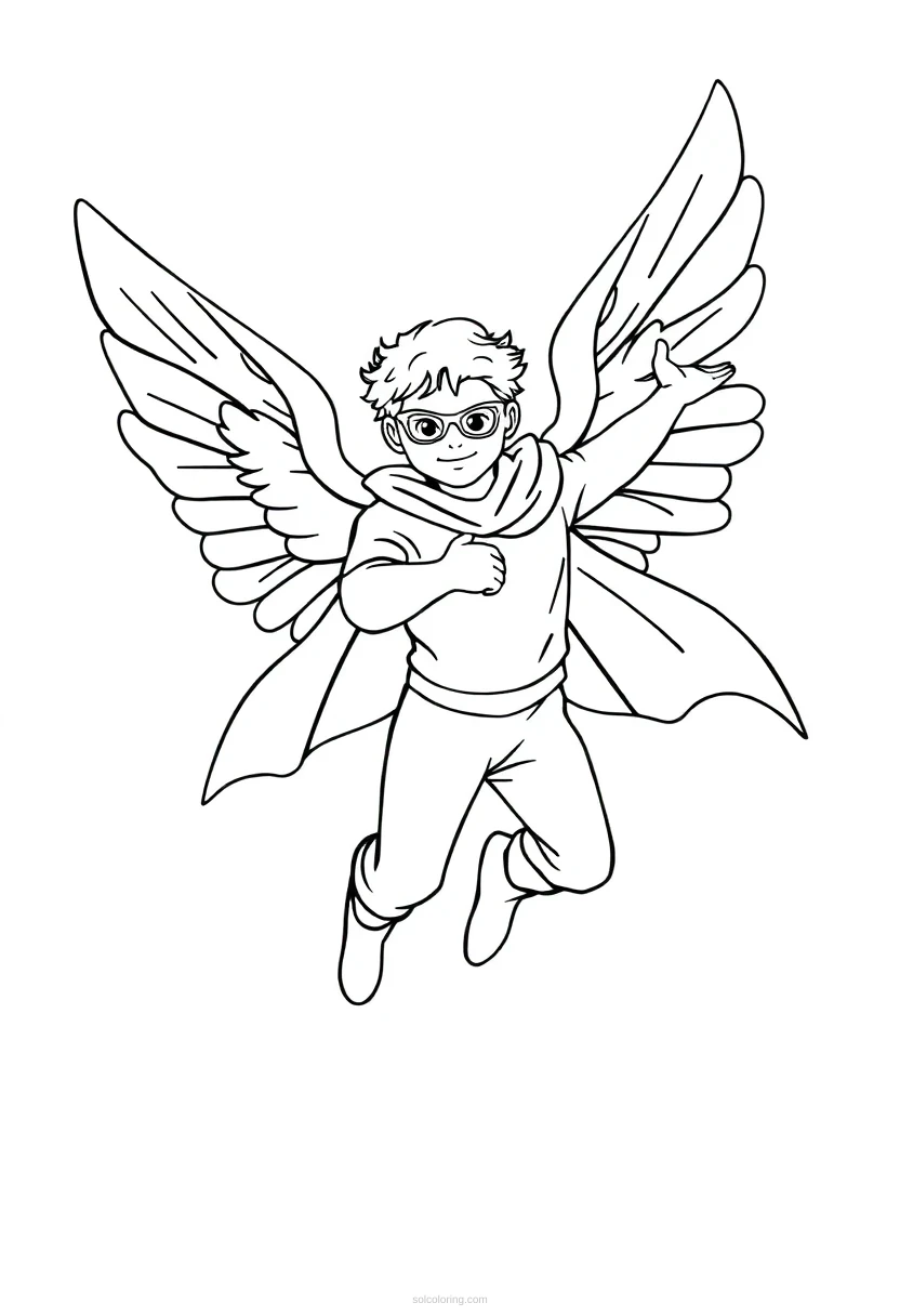 Flying Hero with Wings coloring page for kids
