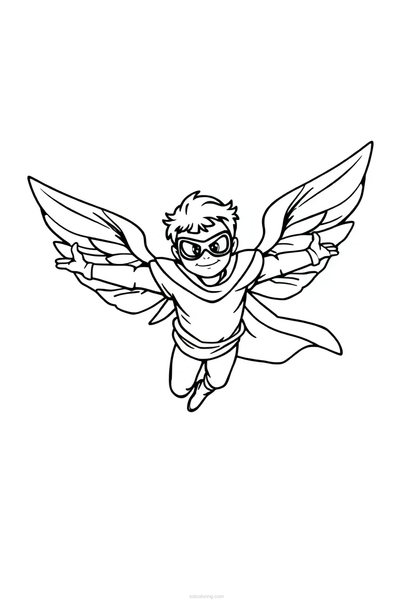 Flying Hero with Wings coloring page for kids