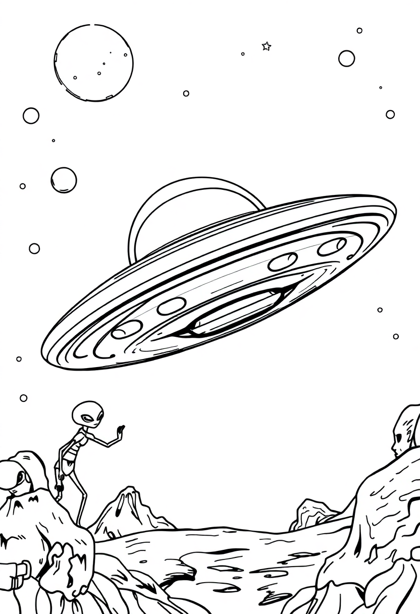 Flying Saucer with Aliens coloring page, free printable