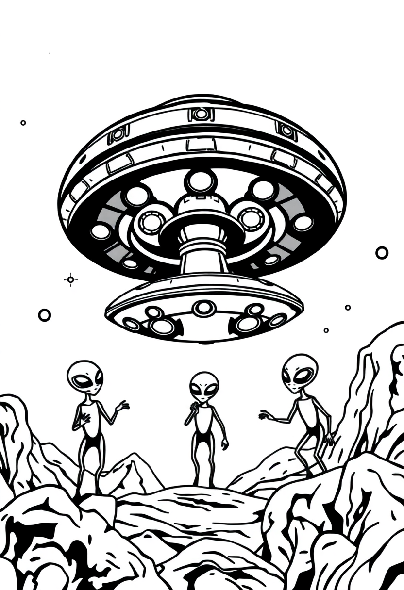 Flying Saucer with Aliens coloring page, free printable