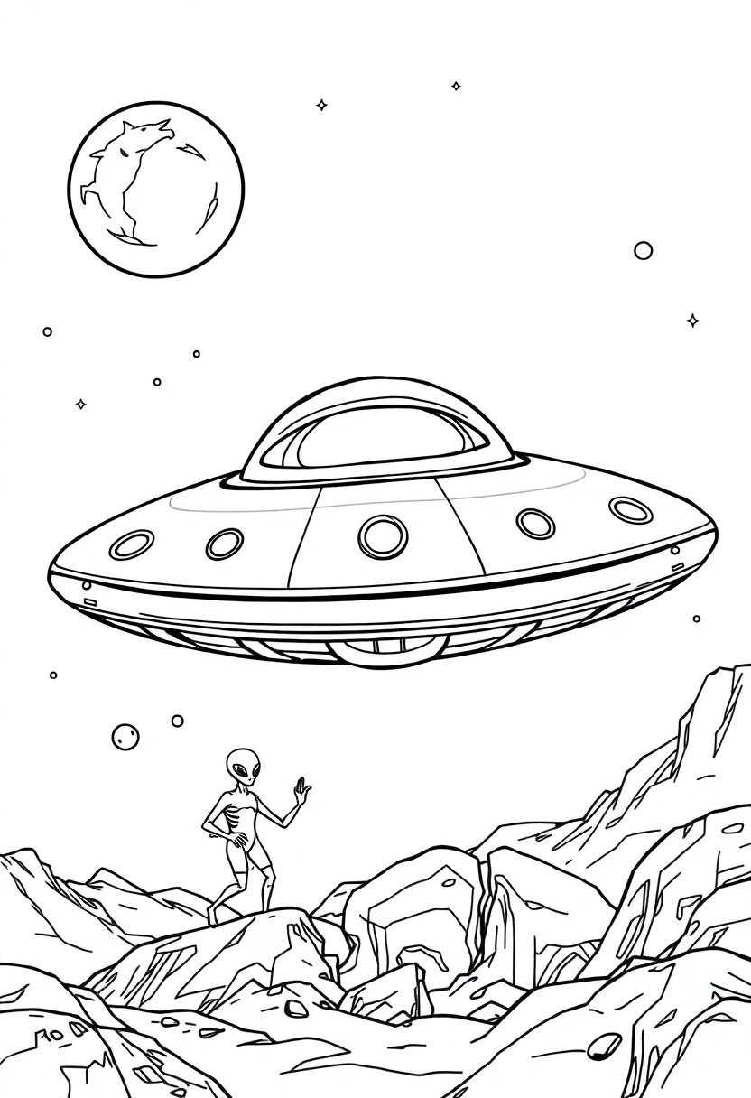 Flying Saucer with Aliens coloring page, free printable