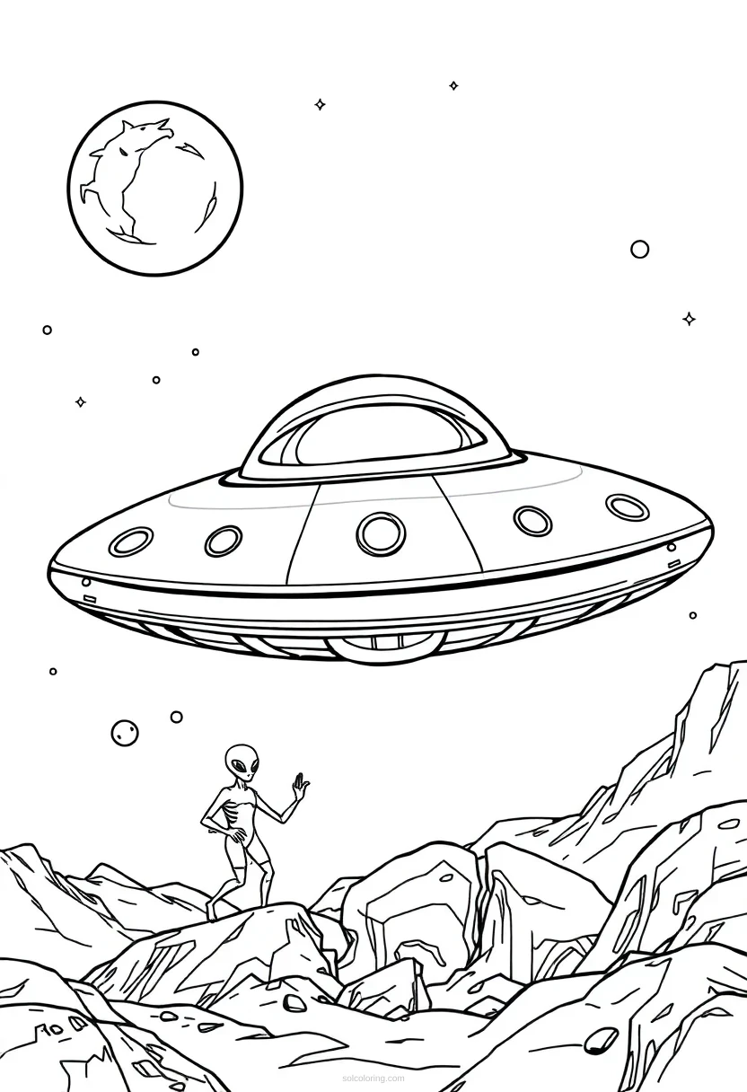 Flying Saucer with Aliens coloring page for kids