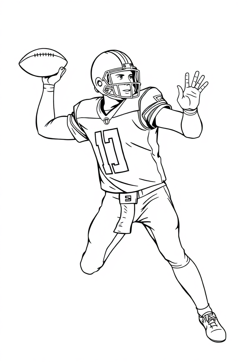 Chibi-style football quarterback throwing a pass, black and white coloring page with bold outlines for kids to color