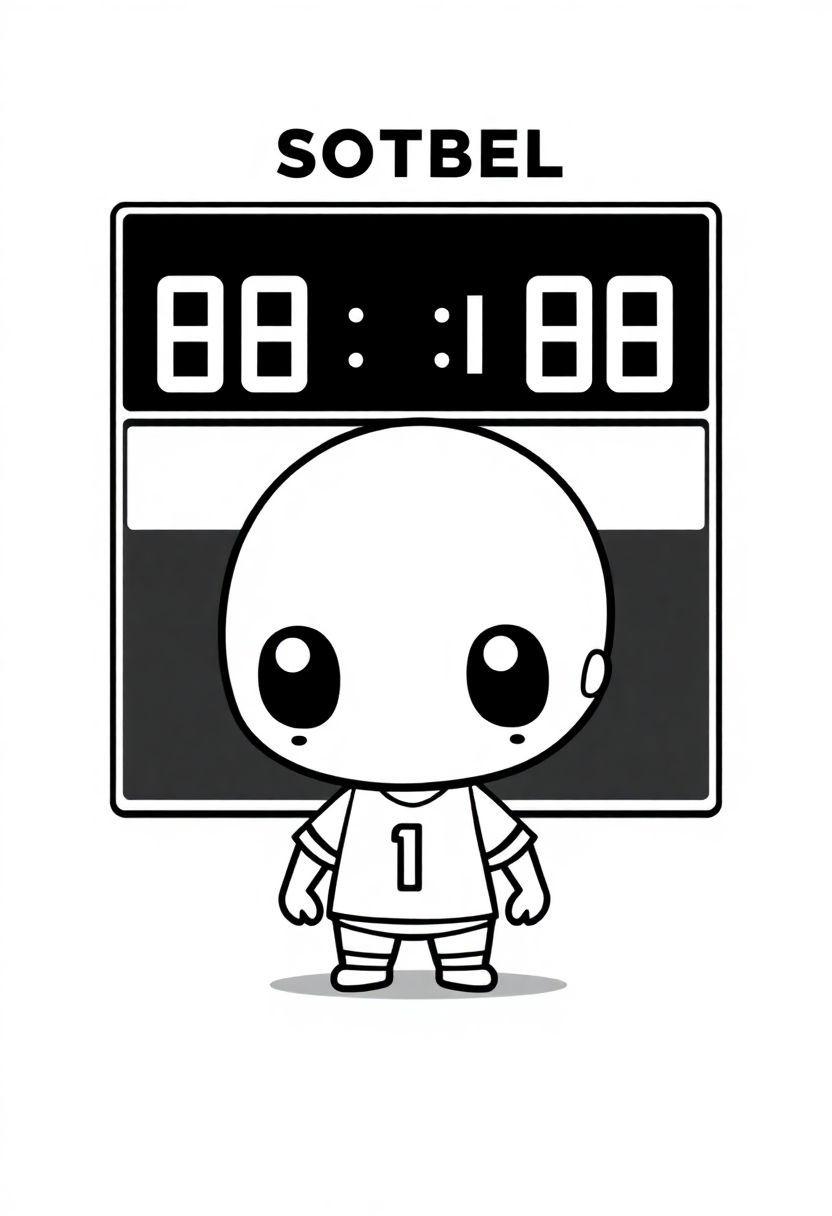 Football scoreboard coloring page with chibi-style design featuring bold outlines and game day elements for kids to color