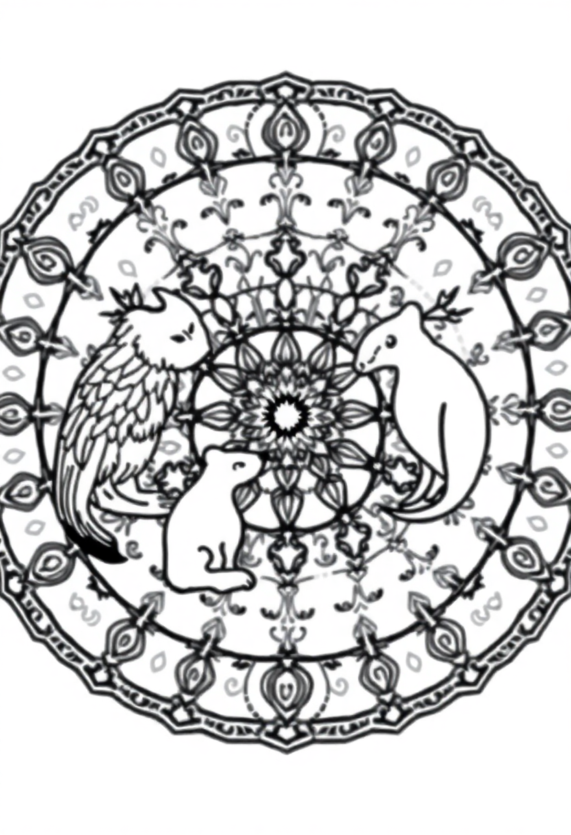 Forest Animals Mandala Circle coloring page for kids