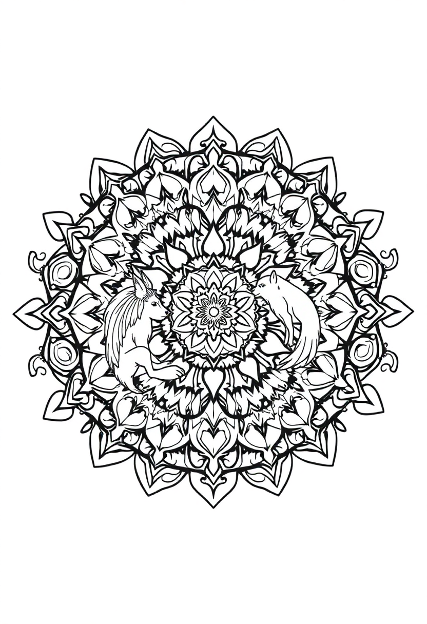 Forest Animals Mandala Circle coloring page for kids