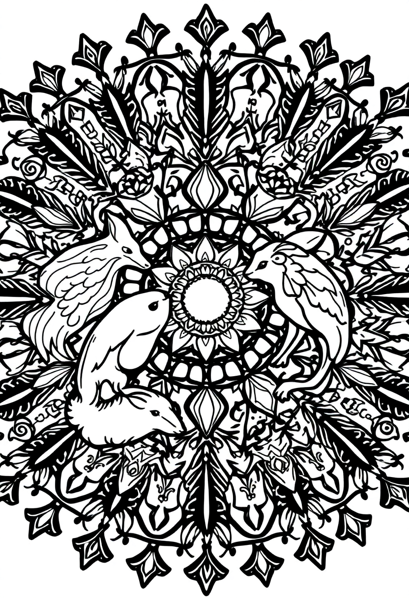 Forest Animals Mandala Circle coloring page for kids