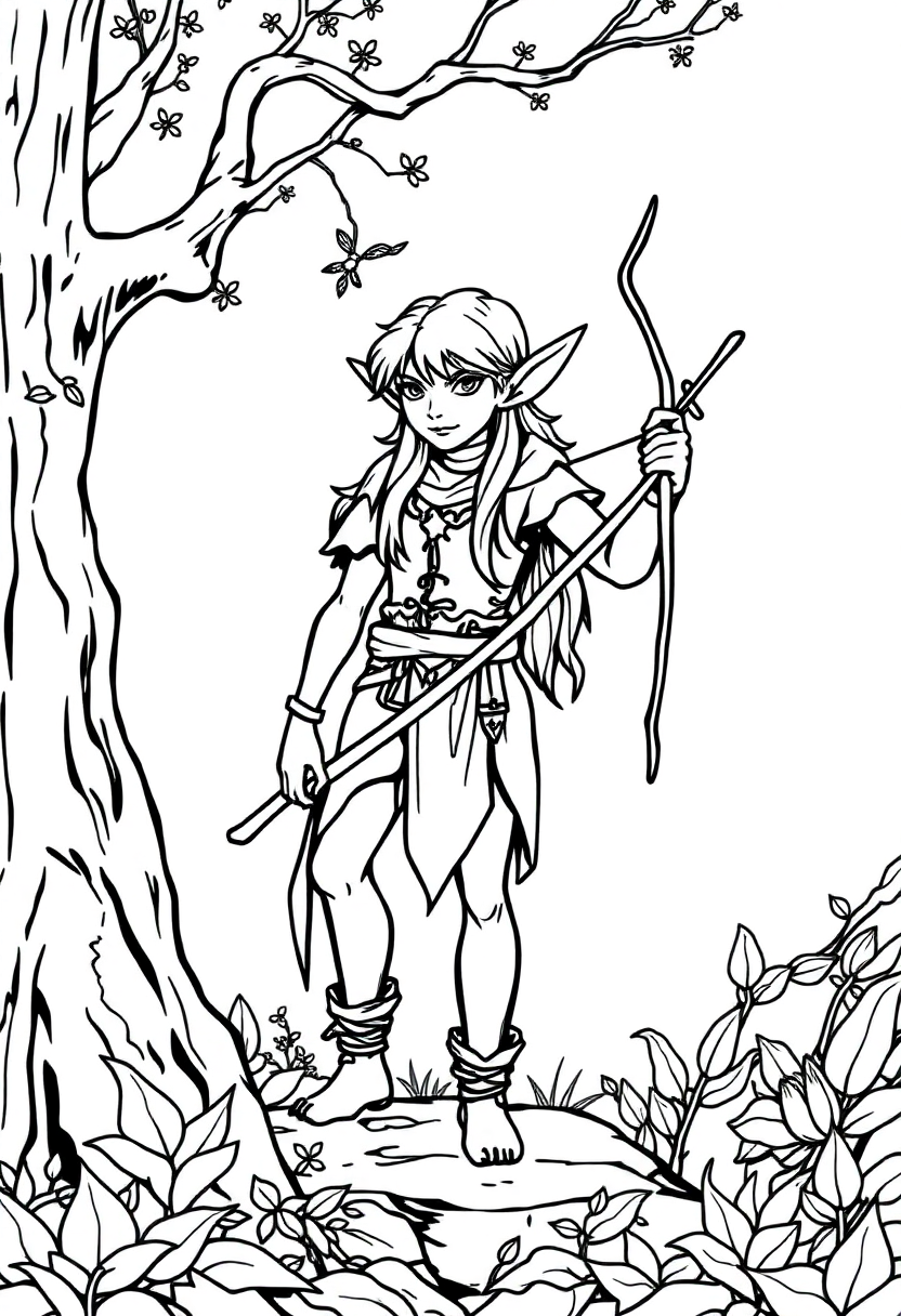 Detailed Forest Elf coloring page showing magical woodland sprite with pointed ears, flowing robes, surrounded by forest elements