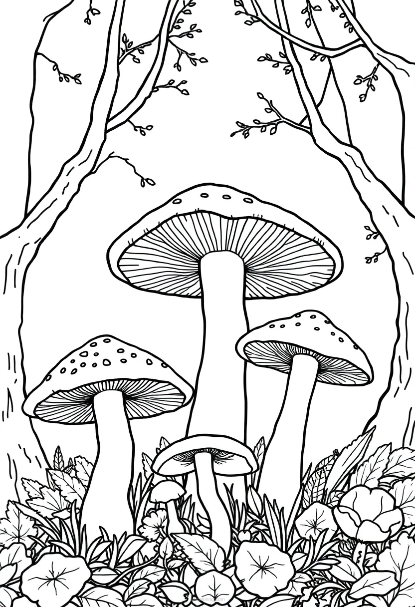 Forest mushrooms coloring page showing cute chibi toadstools with caps, stems and forest ground details in black outline