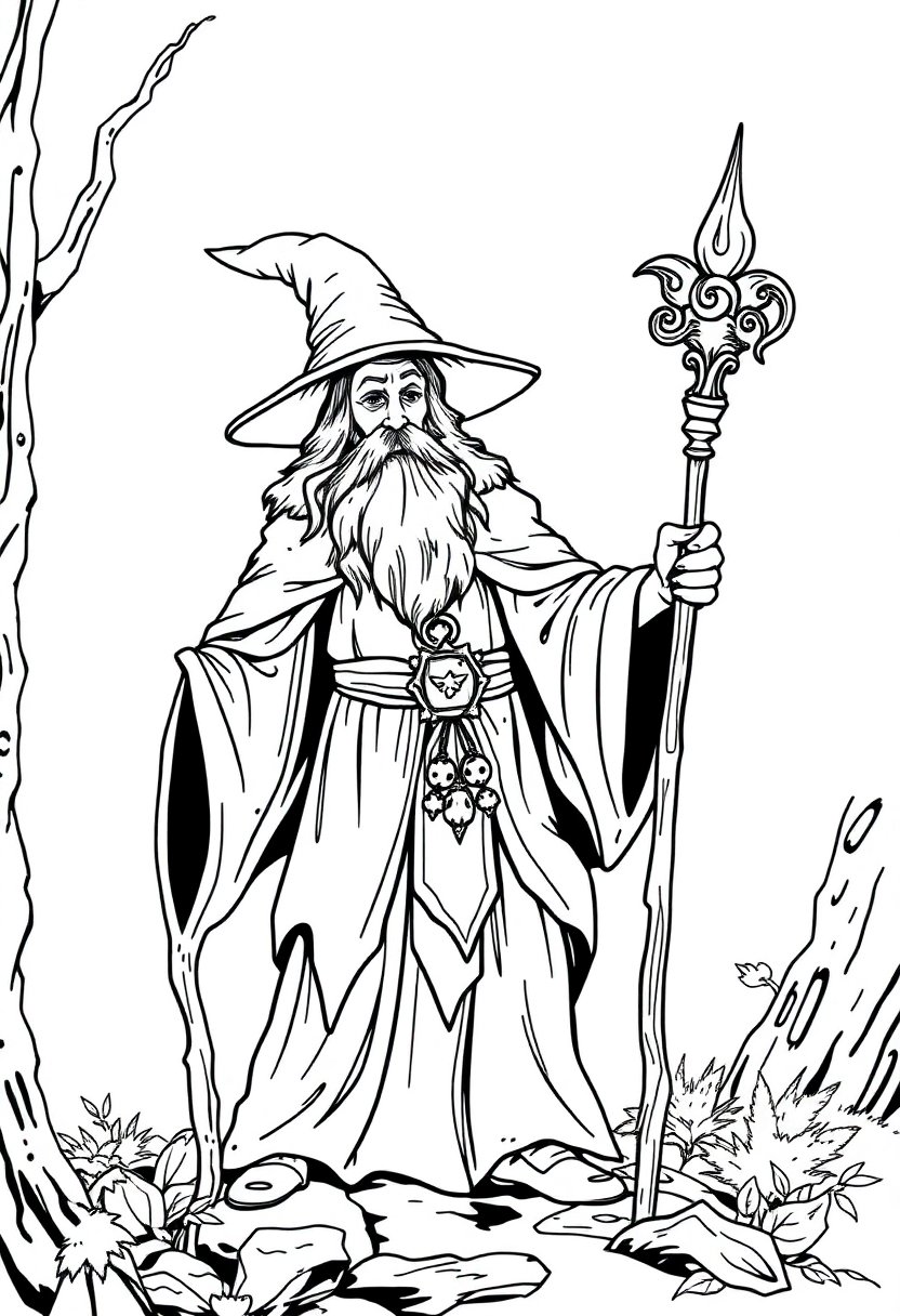 Forest Wizard with Staff coloring page for kids