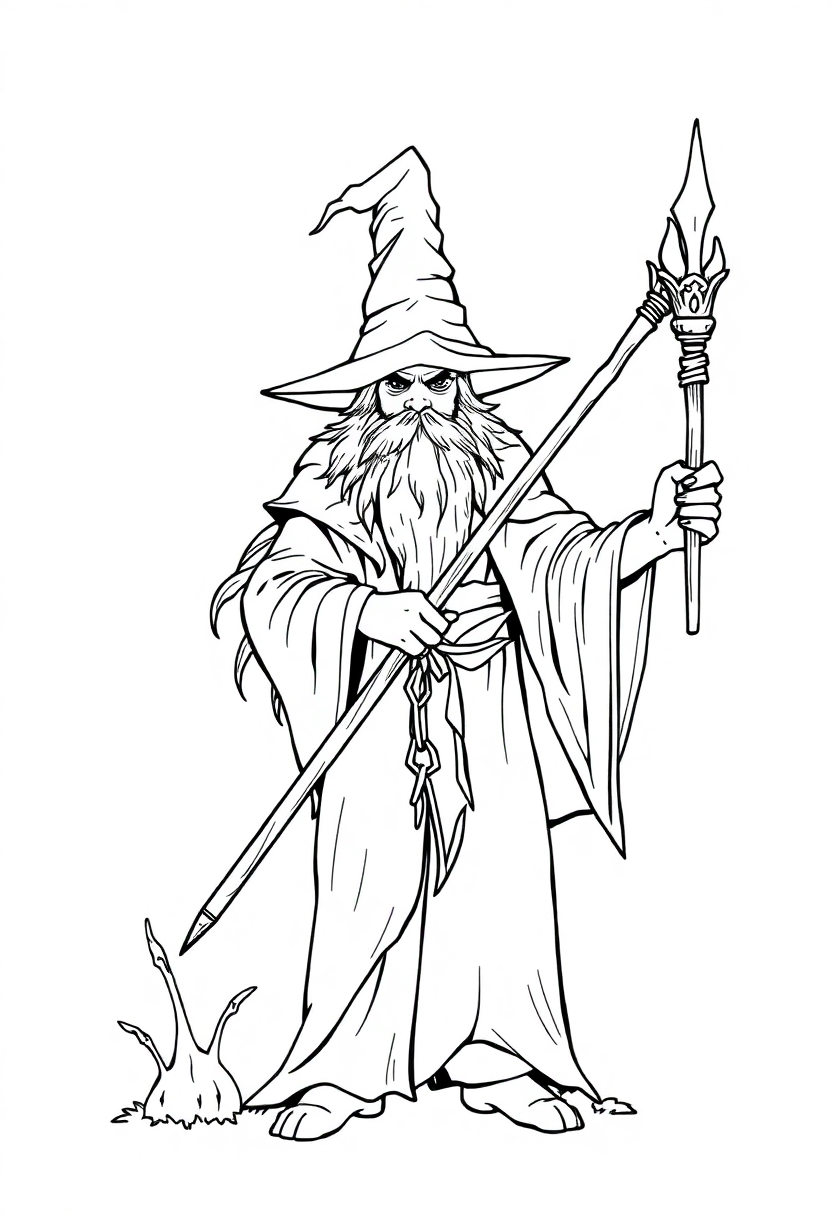 Forest Wizard with Staff coloring page for kids