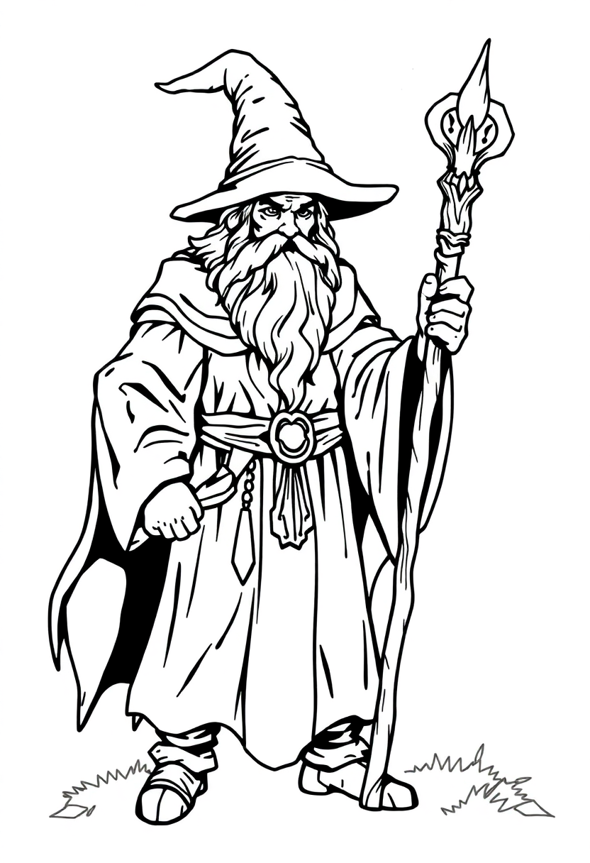 Forest Wizard with Staff coloring page for kids