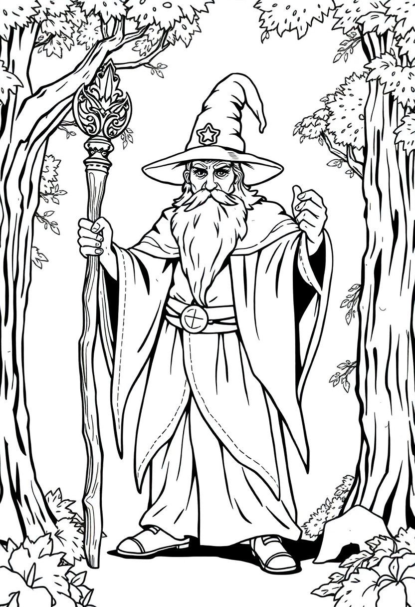 Forest Wizard with Staff coloring page for kids