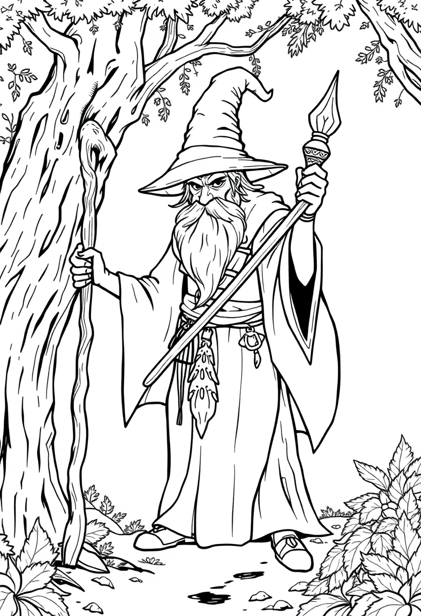 Forest Wizard with Staff coloring page for kids
