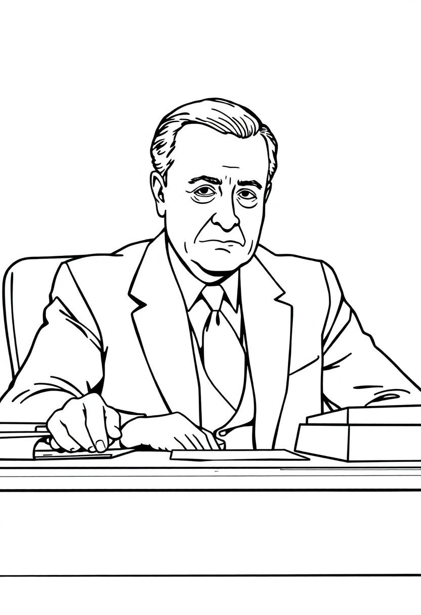 Franklin D Roosevelt coloring page showing FDR seated at presidential desk with papers and office details