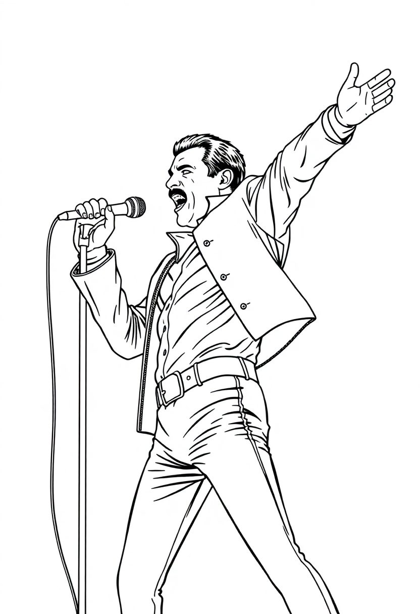 Freddie Mercury performing coloring page showing chibi-style rock star with microphone and iconic pose, bold black outlines