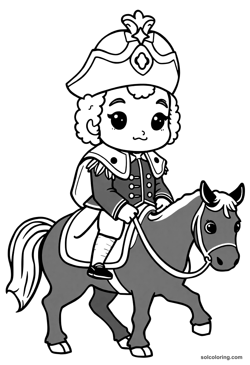 Chibi Frederick the Great of Prussia on Horseback coloring page, free printable chibi style for kids and adults
