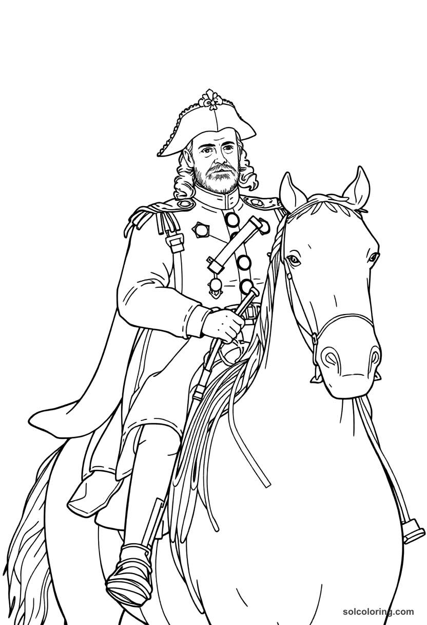 Frederick the Great of Prussia on Horseback coloring page, free printable detailed style