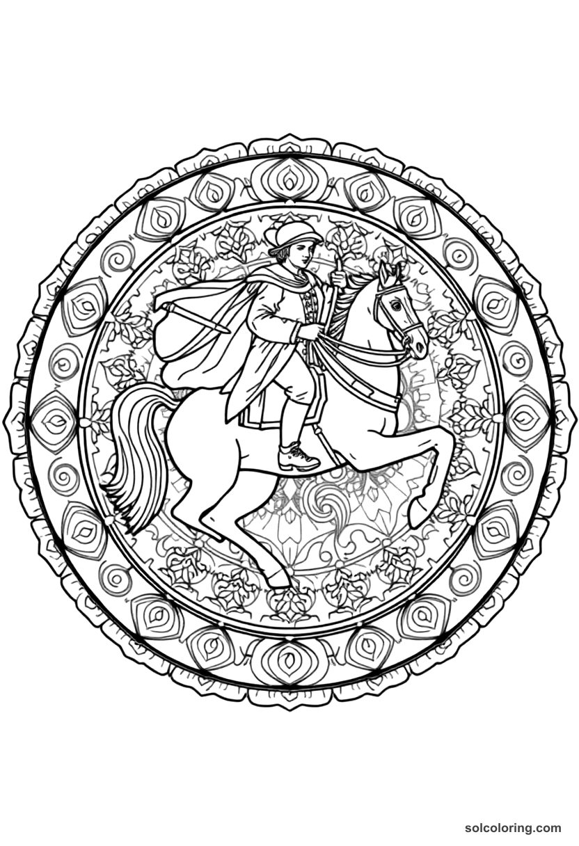 Mandala Frederick the Great of Prussia on Horseback coloring page, free printable mandala style