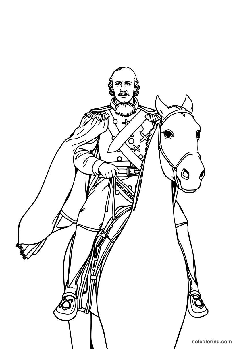 Frederick the Great of Prussia on Horseback coloring page, free printable realistic style