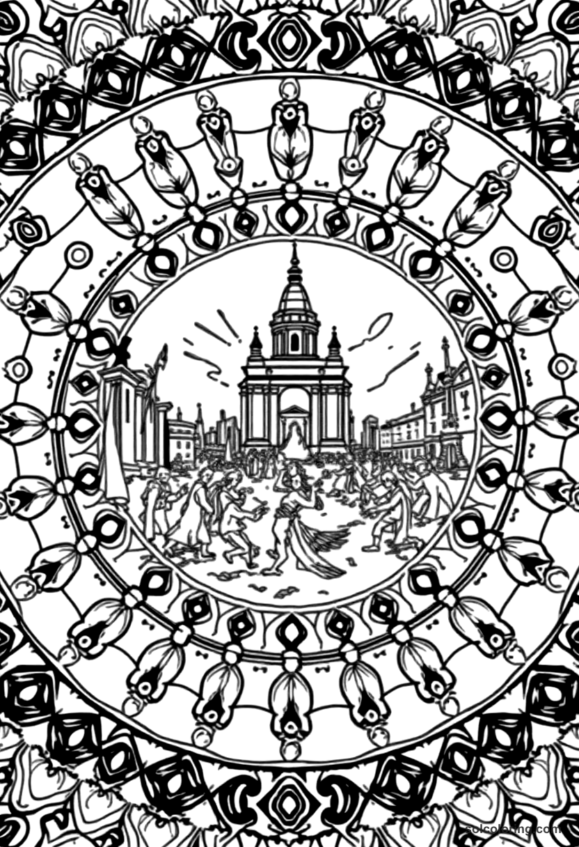 Mandala French Revolution Storming of the Bastille coloring page, free printable mandala style
