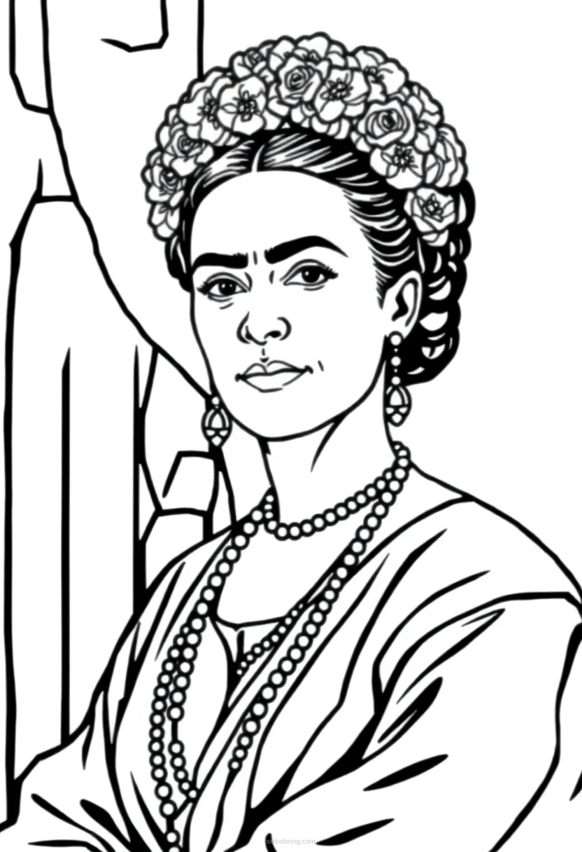 Frida Kahlo Self Portrait Scene coloring page for kids