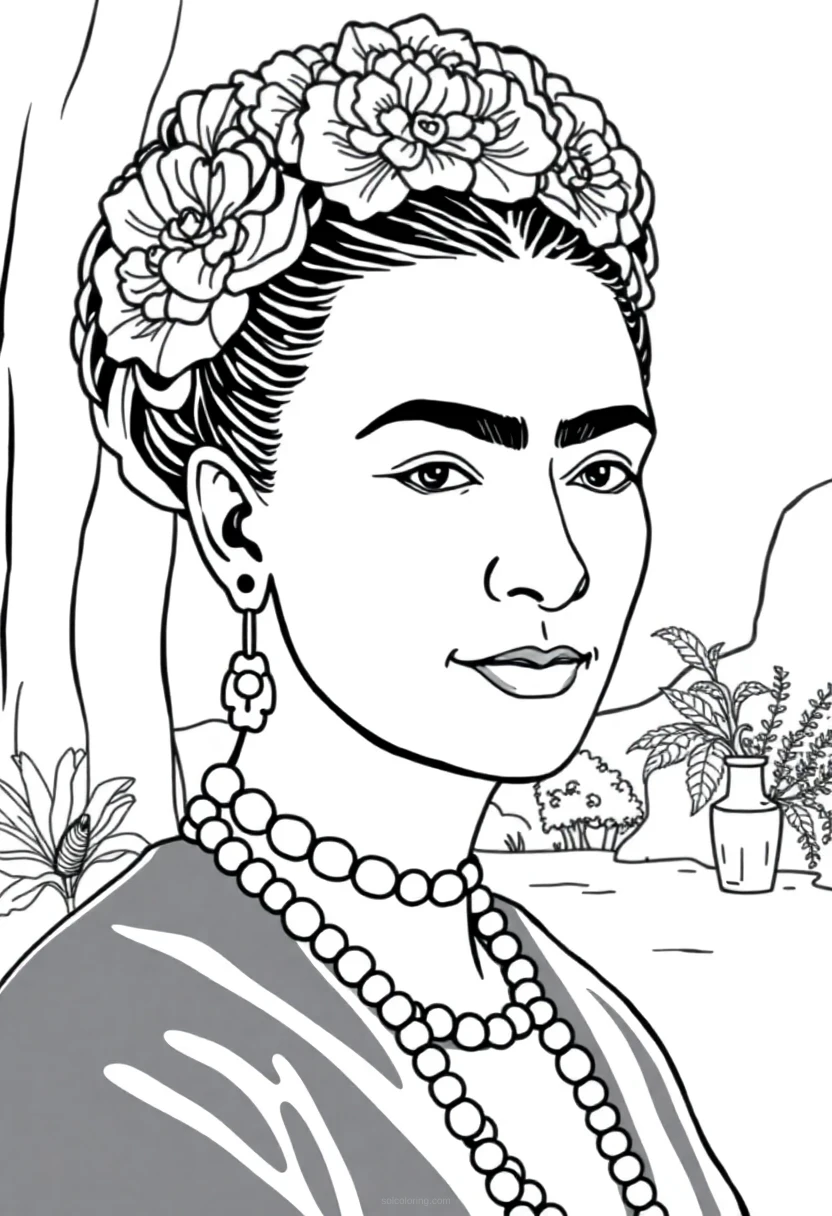Frida Kahlo Self Portrait Scene coloring page for kids