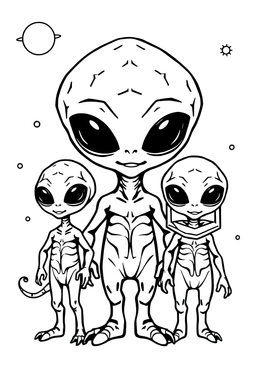 Friendly Alien Family coloring page, free printable