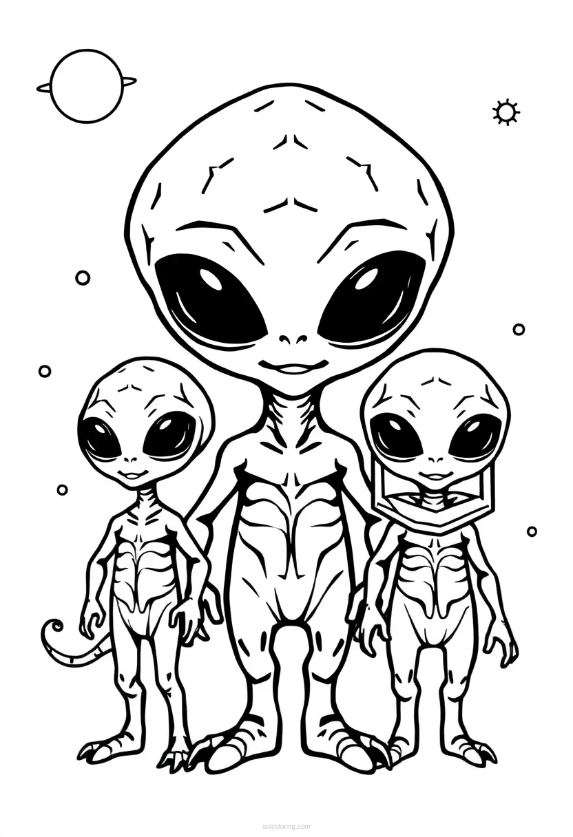 Friendly Alien Family coloring page for kids